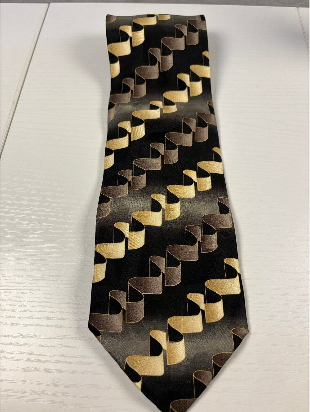 Bello Uomo 100% Silk Tie Black Gold Bronze 3D Ribbon Swirl Mens Dress Necktie